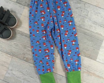 Lange Hose, 86/92, Pumphose Pilze, Lange Pumphose für Kinder, Lange Pumphose für Babys, Lange Hose Blau, Hose Pilze, Mitwachsend, Haremhose