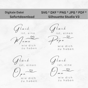 Può includere: File digitale in bianco e nero con le parole "Glück ist eine Mama wie dich zu haben" e "Glück ist einen Papa wie dich zu haben". Include anche "Glück ist einen Opa wie dich zu haben" e "Glück ist eine Oma wie dich zu haben".