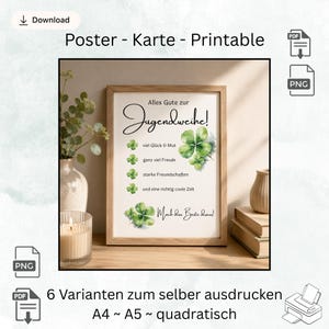 Könnte beinhalten: Ein gerahmtes Poster mit deutschem Text, darunter "Alles Gute zur Jugendweihe!" und Kleeblatt-Illustrationen. Das Poster befindet sich in einem Holzrahmen und enthält die Worte "Poster - Karte - Printable".