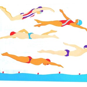 May include: A colorful illustration of swimmers in various strokes. The swimmers are depicted in action, wearing swim caps and swimwear in red, blue, and purple. The image includes a blue water element with red and white markers.