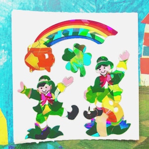 Lucky Leprechauns Vtg Mylar Sandylion Sticker Mod - Rainbow, Pot of Gold, Four Leaf Clover, Sitting on a Mushroom, Irish Jig & Whit