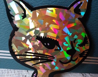 Rare Vintage Prism Gold Winking Cat Sticker - Vending Machine Sticker Sparkle Kitty Feline Whiskers Wink Cat Collectible