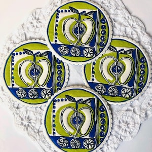 Scalloped Apples Paper Coaster Set  - Rare 60’s Embossed Lime Green Apples | Blueberries | Apple Seeds | Fruit Ephemera | Journals Tablewear