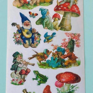 Magical Meadow Gnomes Sticker Sheet - Sparrows Flutist Toadstools Lute Frog Snail Mushroom Legendary Earth Treasure Little People