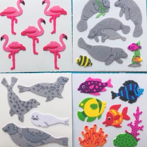 Fuzzy Sea Life Vintage Sandylion Sticker Mod- YOUR CHOICE- 80s HTF Flamingo, Manatee, Seal, Tropical Fish
