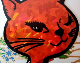 Rare Vintage Orange Prism Winking Cat Sticker - Sparkle Kitty Feline Whiskers Rare Vending Machine Sticker WinkCat Collectible