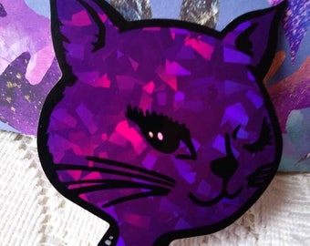 Extremely Rare Prism, Deep Purple Winking Cat Sticker - Vintage Vending Machine Sparkle Kitty Feline Whiskers Wink Collectible