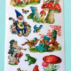 Magical Meadow Gnomes Sticker Sheet - Sparrows Flutist Toadstools Lute Frog Snail Mushroom Legendary Earth Treasure Little People