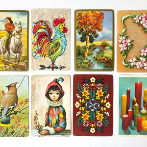 May include: A collection of eight vintage playing cards. The cards feature various illustrations, including a woman riding a horse, a colorful rooster, a landscape with a bridge, and floral designs. The cards have a retro aesthetic.