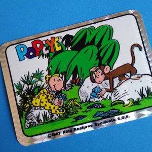 Extremely Rare Prismatic Popeye Vintage Sticker- 80s King Features Syndicate  Vending Machine Sweet Pea Island Monkey Card Game Banana Wager