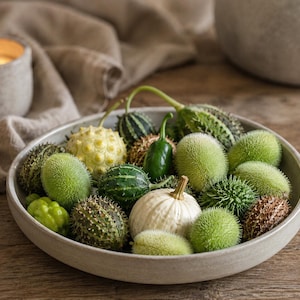 Könnte beinhalten: Eine flache, runde, hellfarbene Keramikschale, gefüllt mit einer Vielzahl kleiner, strukturierter Kürbisse und stacheliger, grüner, ovaler Früchte. Die Sammlung umfasst einen kleinen weißen Kürbis, dunkelgrün gestreifte Kürbisse und hellgrüne stachelige Früchte.