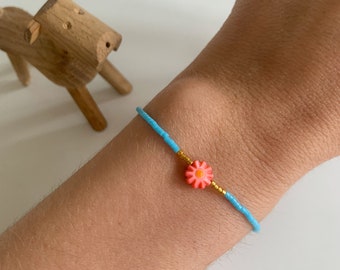 Perlenarmband Armband Freundschaftsarmband Blume Blau Türkis Vergoldet Orangerot