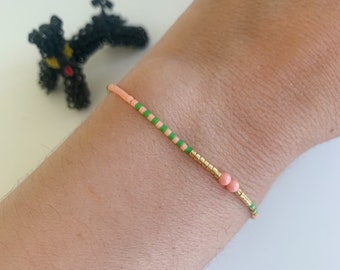 Beaded bracelet friendship bracelet colorful summer green pink gold colored stripes