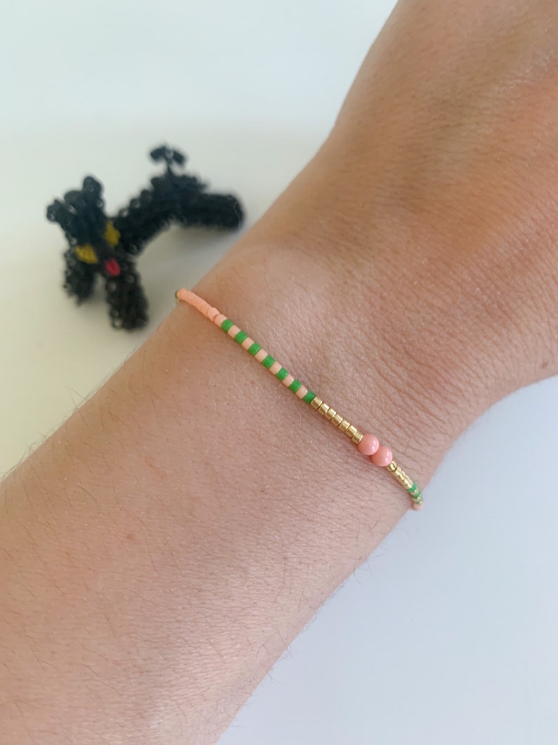 Perlenarmband Armband Freundschaftsarmband Bunt Sommer Grün Rosa Goldfarbig Streifen gestreift zdjęcie 1