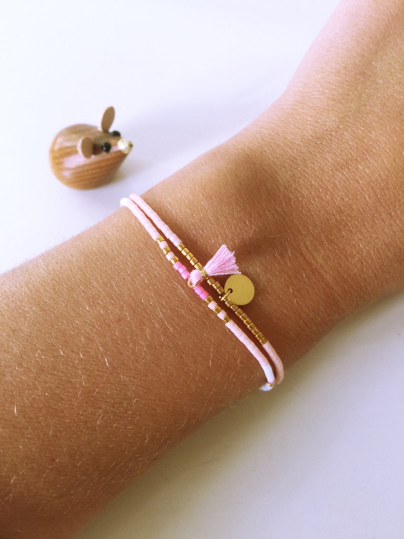 Perlenarmband Armband mit Anhänger Plättchen vergoldet Rosa zdjęcie 2