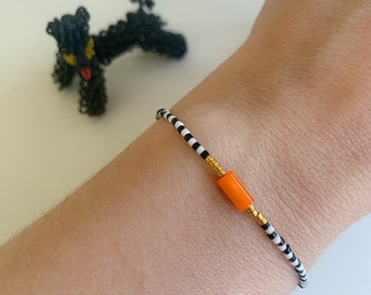 Perlenarmband Armband Freundschaftsarmband Schwarz Weiß Orange Goldfarbig  Fein Filigran Streifen gestreift Muschelperle