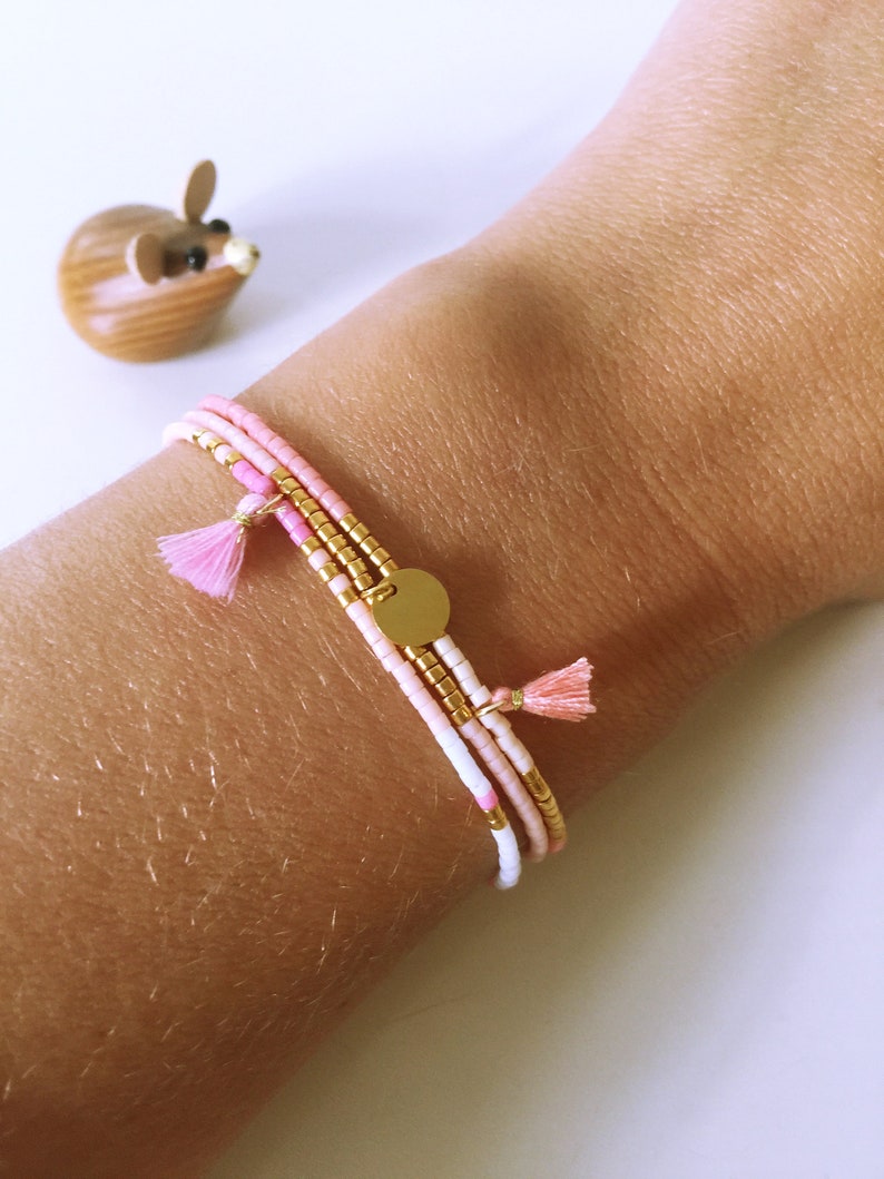 Perlenarmband Armband mit Anhänger Plättchen vergoldet Rosa zdjęcie 3