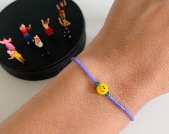 Beaded Bracelet Smiley Happy Purple Yellow Blue Fine Filigree Crystal Glass Minimalist