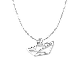 Zarte Origami Papierboot Kette Halskette - 925er Sterling Silber - Kette mit Papierschiffchen 55 cm + 3cm