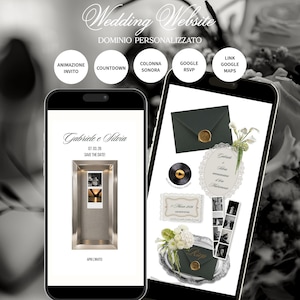 May include: Two smartphones displaying a digital wedding website interface. The screens feature the text Gabriele e Silvia, 07.03.26, Save the Date, and Apri l'invito, alongside icons for Animazione Invito, Countdown, Colonna Sonora, Google RSVP, and Link Google Maps.