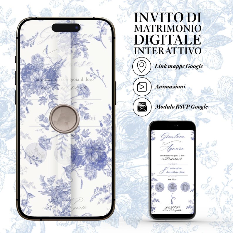 Schermo di uno smartphone in cui viene visualizzato un invito di matrimonio digitale composto da un pattern semi trasparente toile de jouy color carta da zucchero e un timbro in ceralacca color champagne, sulla destra uno smartphone più piccola rivela la prima schermata dell'invito digitale interattivo dove compaiono i nomi degli sposi, la data e le icone con i link per accedere alle informazioni