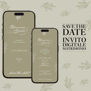 May include: Two smartphones display a digital wedding save the date invitation on a sage green background with white line art leaves. The text reads Damiano Giulia, 3 OTTOBRE 2026, ROMA, and Save the date. The right side features SAVE THE DATE INVITO DIGITALE MATRIMONIO.
