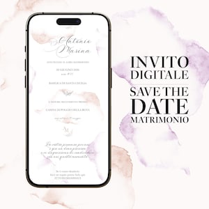 May include: A smartphone displaying a digital wedding invitation with soft watercolor splashes in shades of pink and purple. The screen features the names Antonio and Marina, the date June 20, 2026, and location details. Text on the right reads INVITO DIGITALE SAVE THE DATE MATRIMONIO.