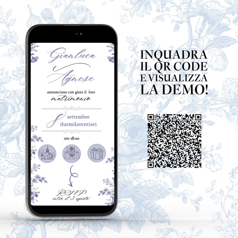 Schermo di uno smartphone in cui viene visualizzata la prima schermata dell'invito digitale interattivo in tema toile de jouy color carta da zucchero, con i nomi degli sposi in corsivo, la data e i pulsanti delle icone per accedere alle informazioni