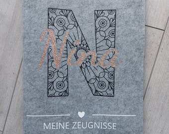 Zeugnismappe Zeugnishülle Initial Mandala Filz A4 inkl. Sichtbuch - Einschulung - Geschenk - personalisiert