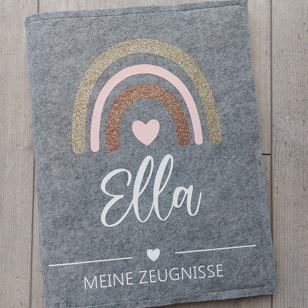 Zeugnismappe Zeugnishülle Regenbogen Filz A4 inkl. Sichtbuch - Einschulung - Geschenk - personalisiert