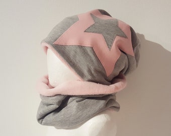 Winter-Set (Beanie + Loop) Fleece "rosa/grau