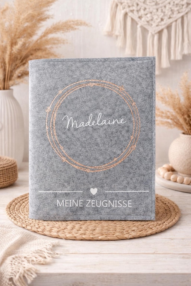 Zeugnismappe mit Herz & Kreis personalisiert – Filzmappe A4 inkl. Sichtbuch, Geschenk Einschulung, Zeugnisse 画像 1