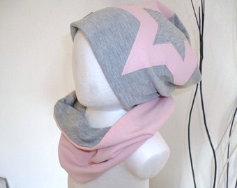 Loop-Beanie-Set "Grau/Rosa Stern"