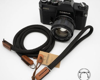 COMBO Neck & Wrist Strap // Model June // Rope and Leather Camera Strap (Black / Cognac)