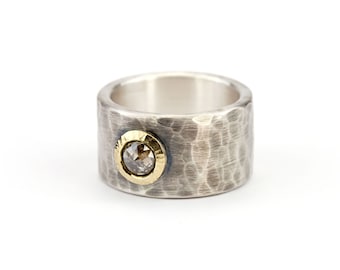 Hammered silver ring with rosecut diamond in gold setting