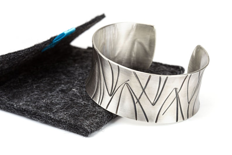 wide heavy silver bangle with pattern image 8