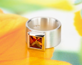 wide silver ring Madeira Citrine Context Cut