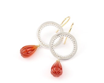 Circle earrings silver gold with carnelian drops