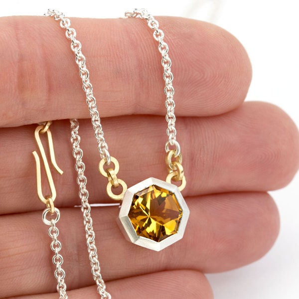 delicate necklace silver gold with citrine pendant octagonal