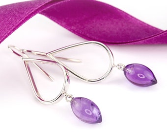 long hanging silver drop earrings with amethyst