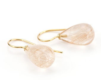 short hanging drop earrings gold rutilated quartz