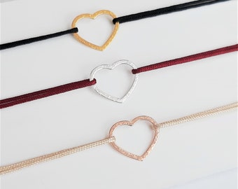 Friendship bracelet with hammered heart pendant made of 925 sterling silver / gold plated / rose gold plated