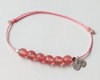 925 sterling silver bracelet / friendship bracelet / star / cherry quartz / engraving / initial / personalized / pink / nylon strap