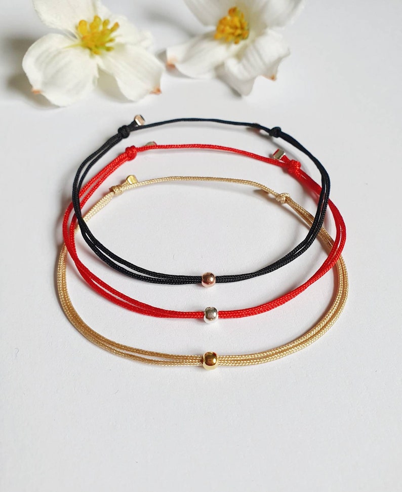 Bracelet with silver bead made of 925 sterling silver / gold-plated / rose gold-plated / of your choice / nylon strap / gift / red ribbon / minimalist image 4