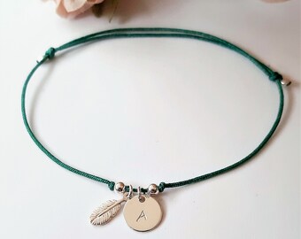 Friendship bracelet with initials and feather made of 925 sterling silver