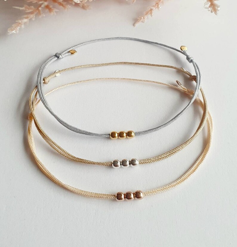 Pulsera con 3 cuentas de plata fabricada en plata de ley 925 a elegir / bañada en oro / bañada en oro rosa / a elegir / correa de nailon / regalo / minimalista imagen 6