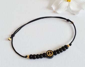 Friendship Bracelet / PEACE Sign / Pearls / 925 Sterling Silver Gold Plated / Freedom + Peace / Nylon Band / Gift Idea / Customizable