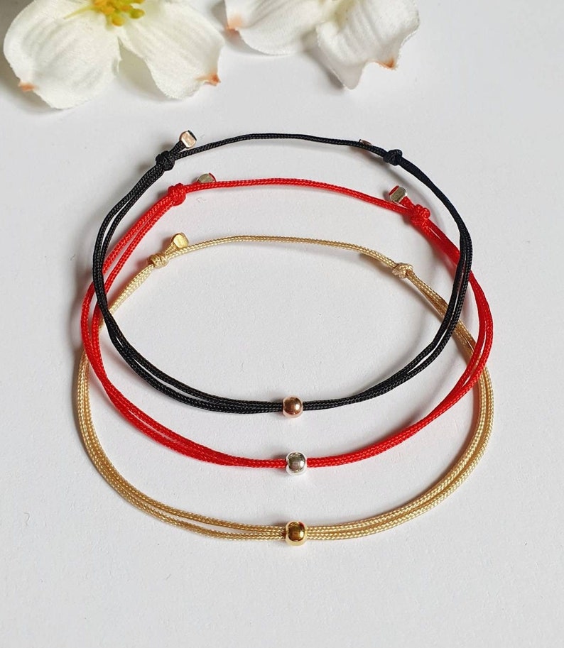 Bracelet with silver bead made of 925 sterling silver / gold-plated / rose gold-plated / of your choice / nylon strap / gift / red ribbon / minimalist image 1