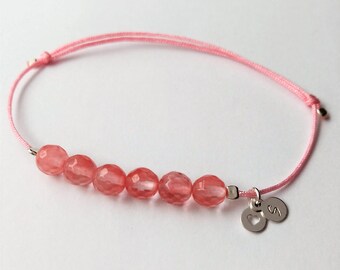 925 Sterling Silver / Bracelet / Friendship Bracelet / Heart / Cherry Quartz / Engraving / Initial / Pink / Nylon Band