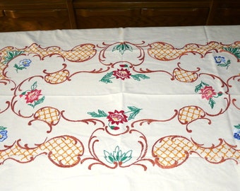 Tablecloth hand embroidered white flowers cotton 131 cm x 91 cm